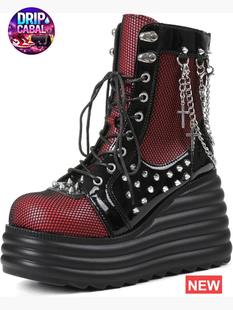 Gothic Ankle Boots Platform Combat Boots With Punk Chains & Studs Lace Up Wedge